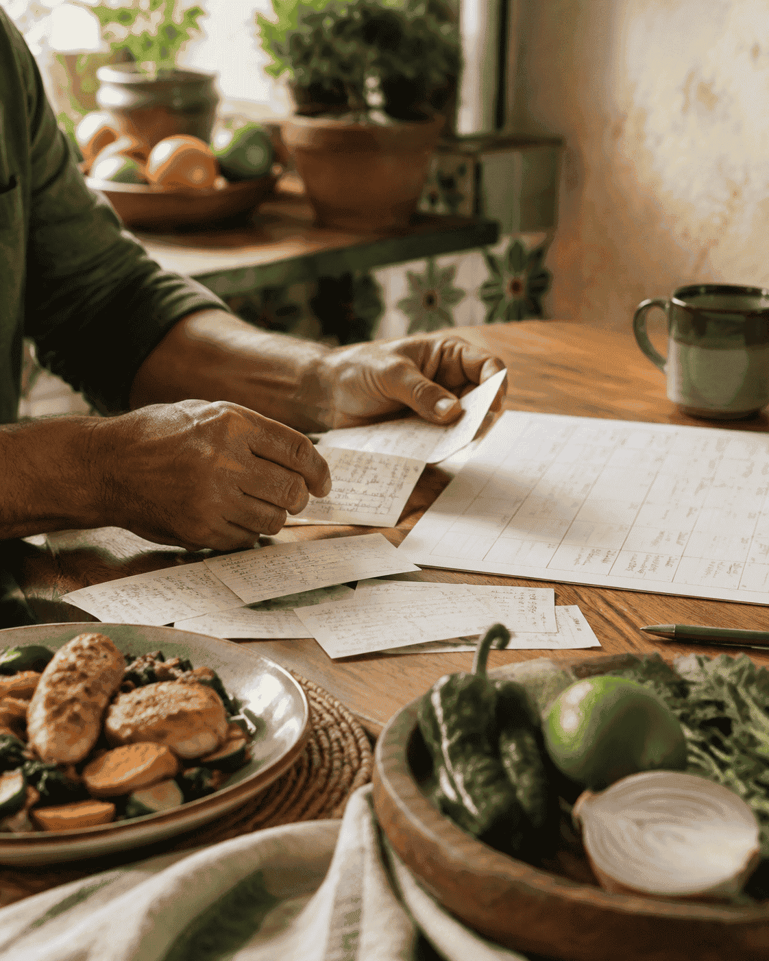 Manos organizando recetas y un plan de comidas